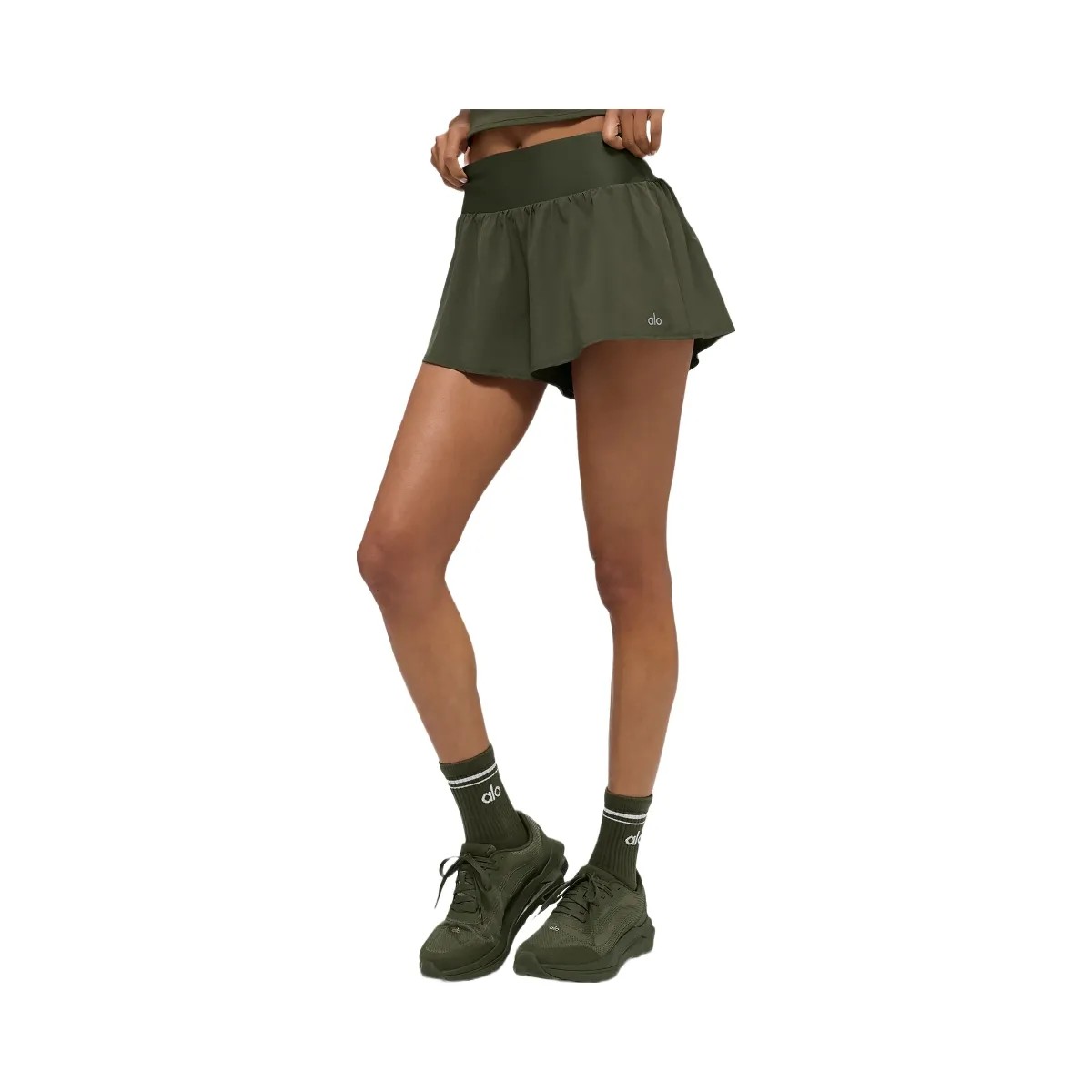 Alo Women's Victory Running Short - Green Olive - HypeFly India View 1