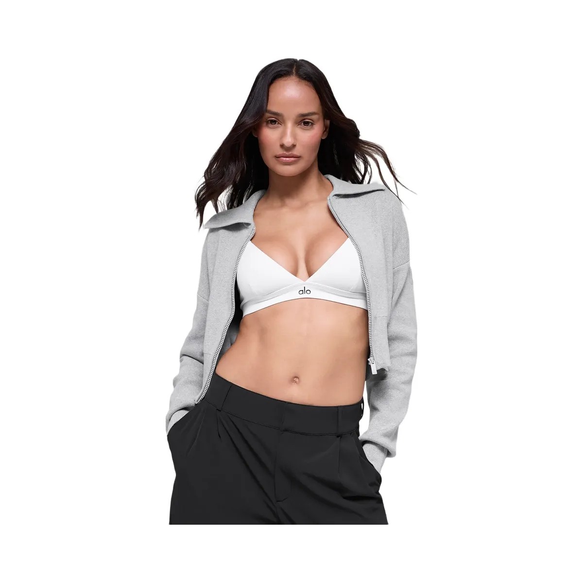 Alo Women's Scholar Knit Cropped Full Zip Jacket - Athletic Heather Grey - HypeFly India View 1