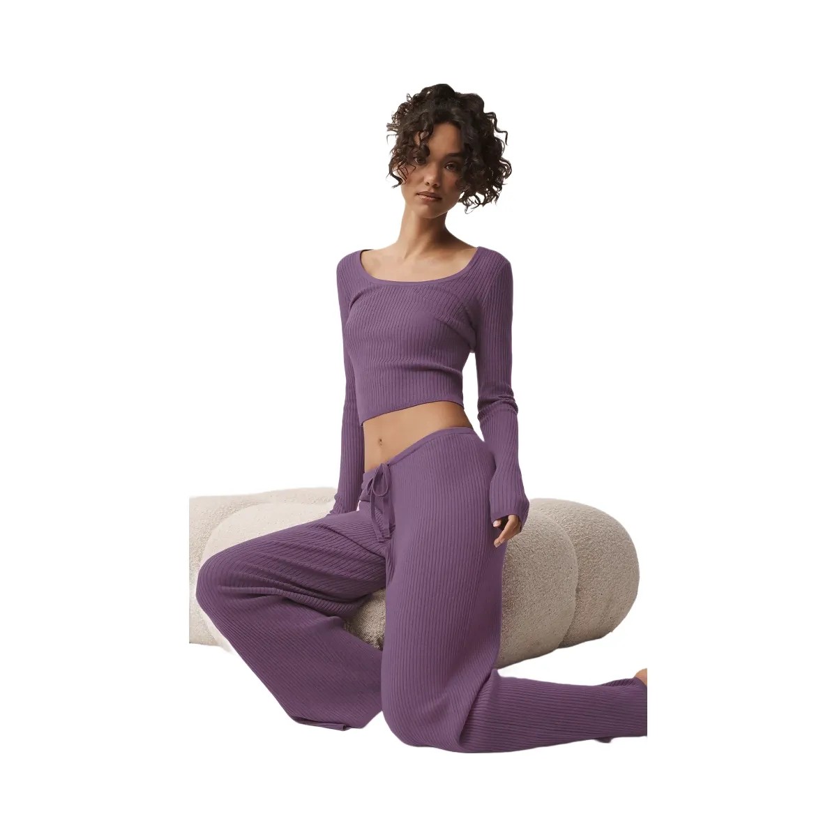 Alo Women's Sweater Knit Mid-Rise Unwind Wide Leg Pant - Plum Kiss - HypeFly India View 3