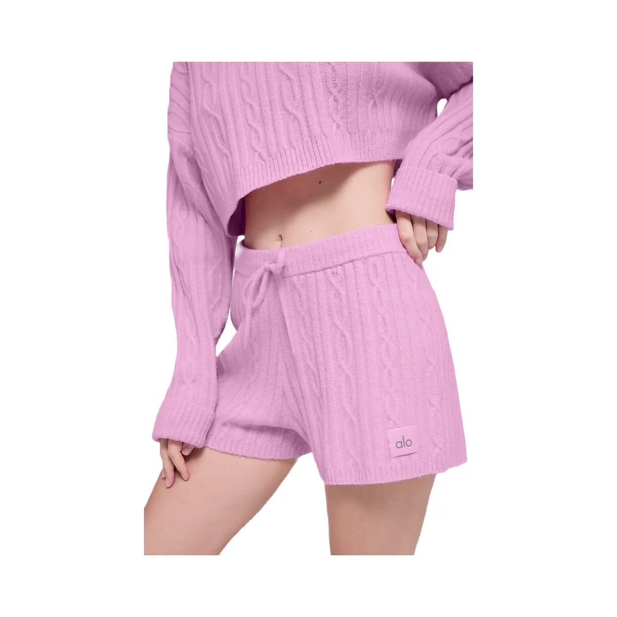 Alo Women's Cable Knit Winter Bliss Short - Candy Heart Pink - HypeFly India View 2