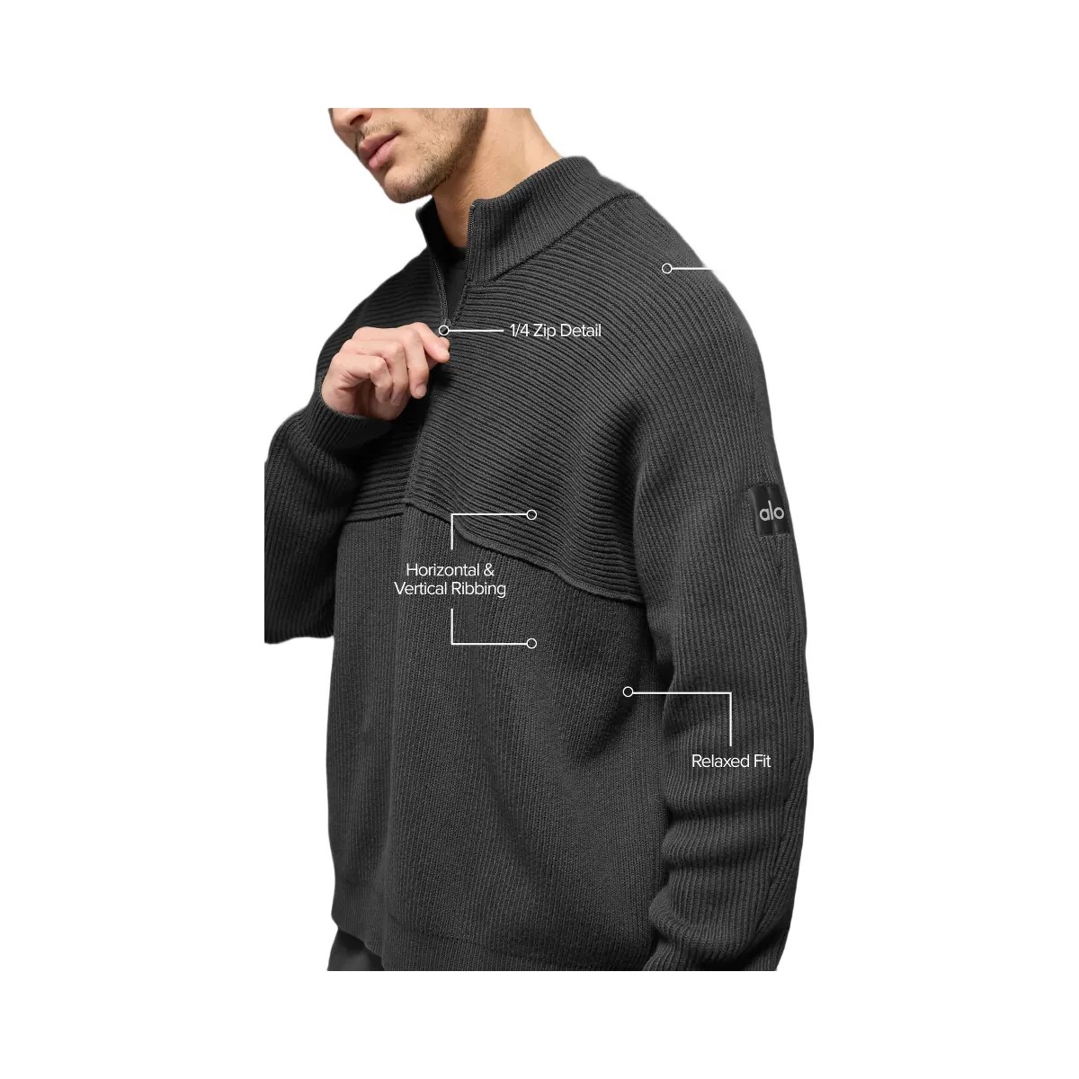 Alo Men's Domain Shift Rib Knit 1/4 Zip Sweater - Anthracite - HypeFly India View 2