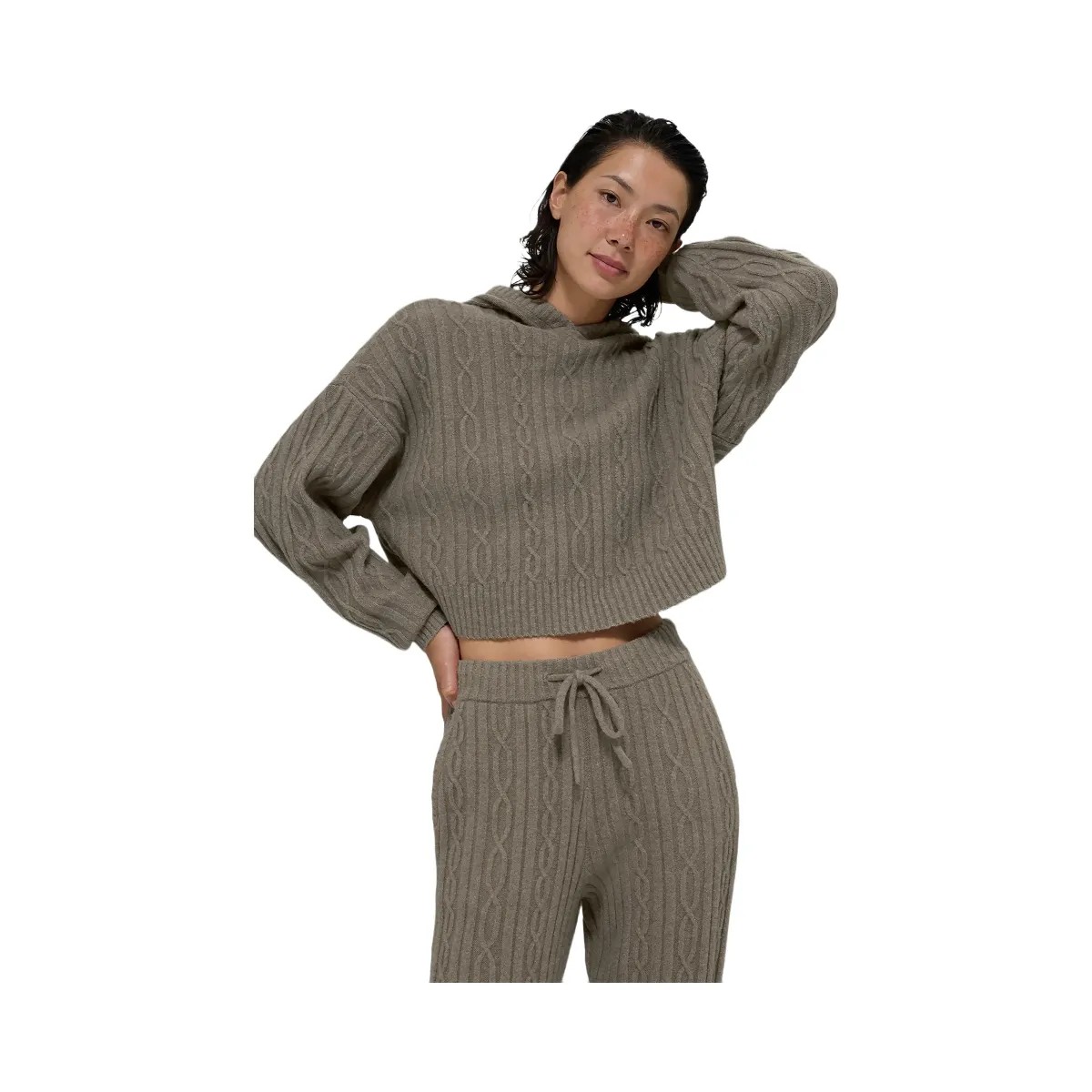 Alo Women's Cable Knit Winter Bliss Hoodie - Light Cocoa - HypeFly India View 1