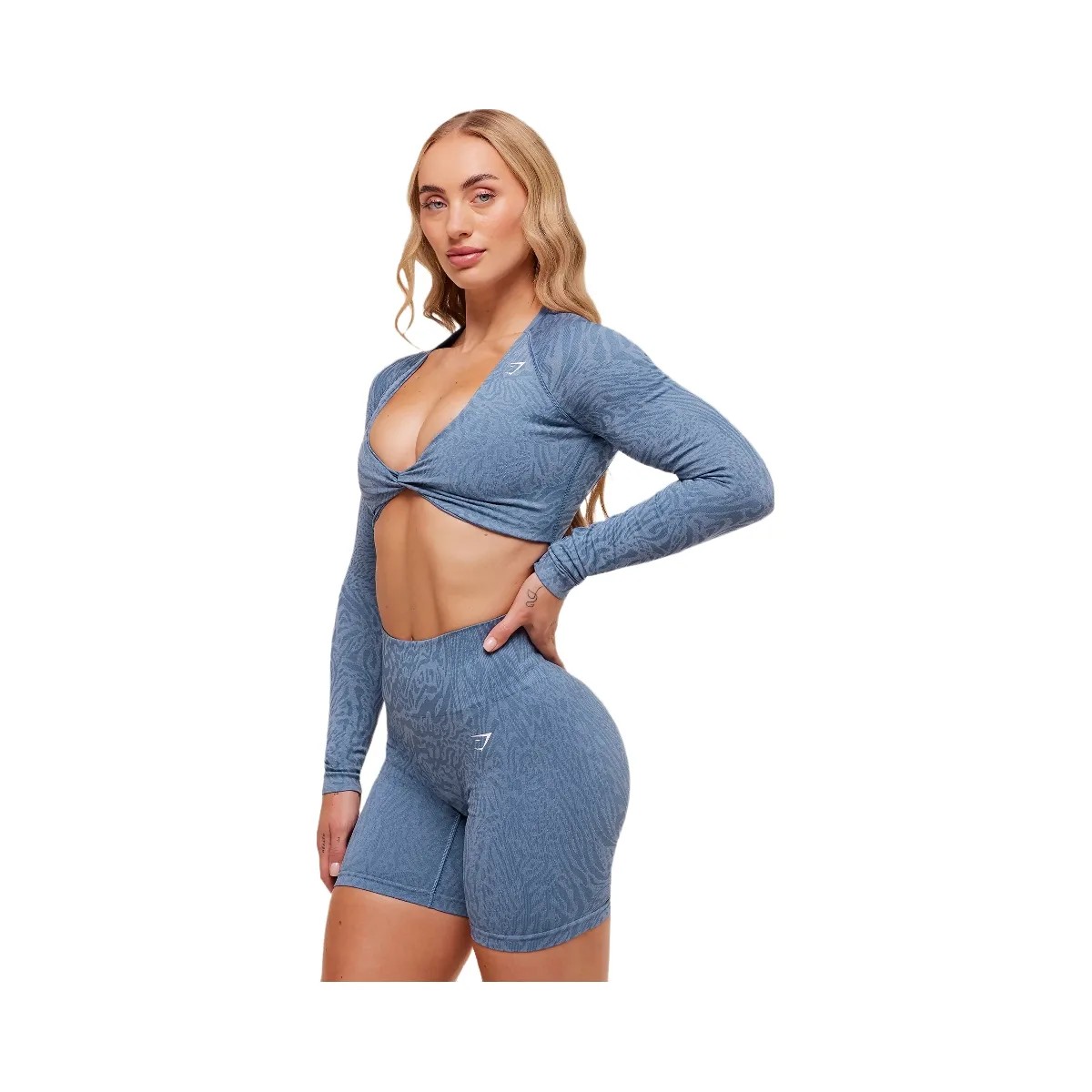 Gymshark Adapt Animal Long Sleeve Crop Top - Worn Blue/Peri Blue - HypeFly India View 3