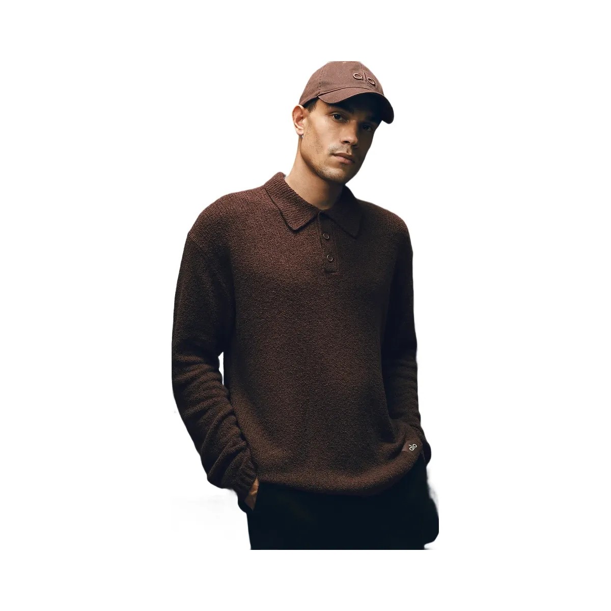 Alo Men's Textured Knit Long Sleeve Polo - Brownstone - HypeFly India View 5