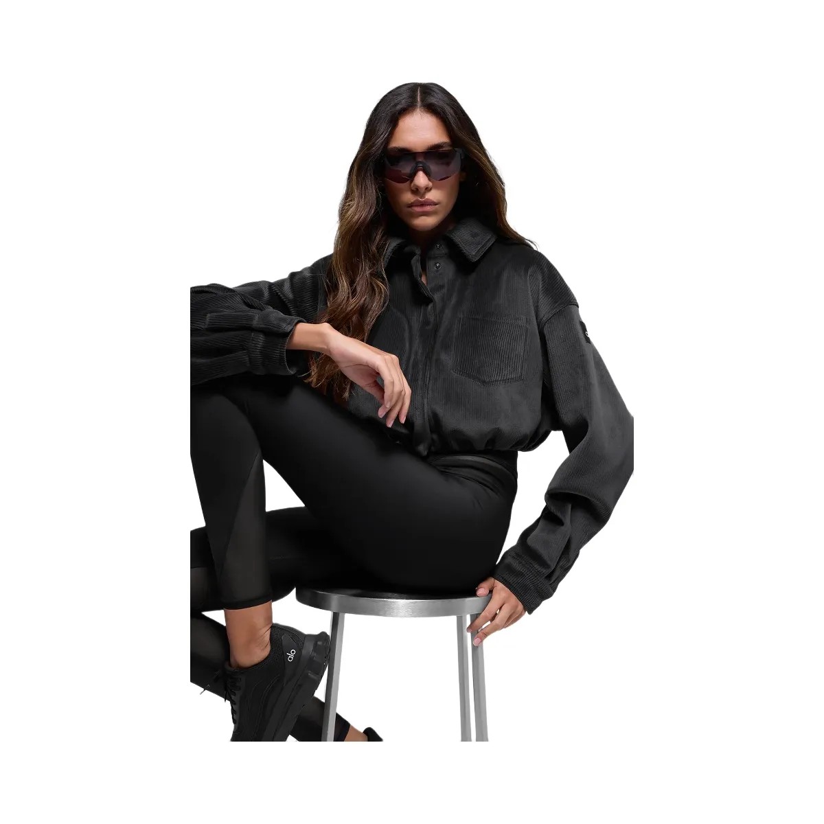 Alo Women's Ribbed Velour Cropped Mountain Side Jacket - Black - HypeFly India View 4