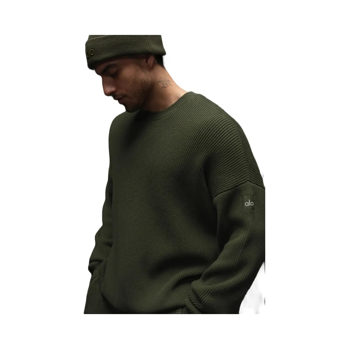 Alo Men's Domain Rib Knit Crew Sweater - Green Olive - HypeFly India View 6