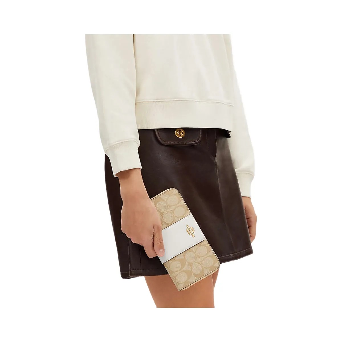 Coach Long Zip Around Wallet In Signature Canvas With Stripe Signature Canvas-Gold-Light Khaki-Chalk Lt Saddle - HypeFly India View 3