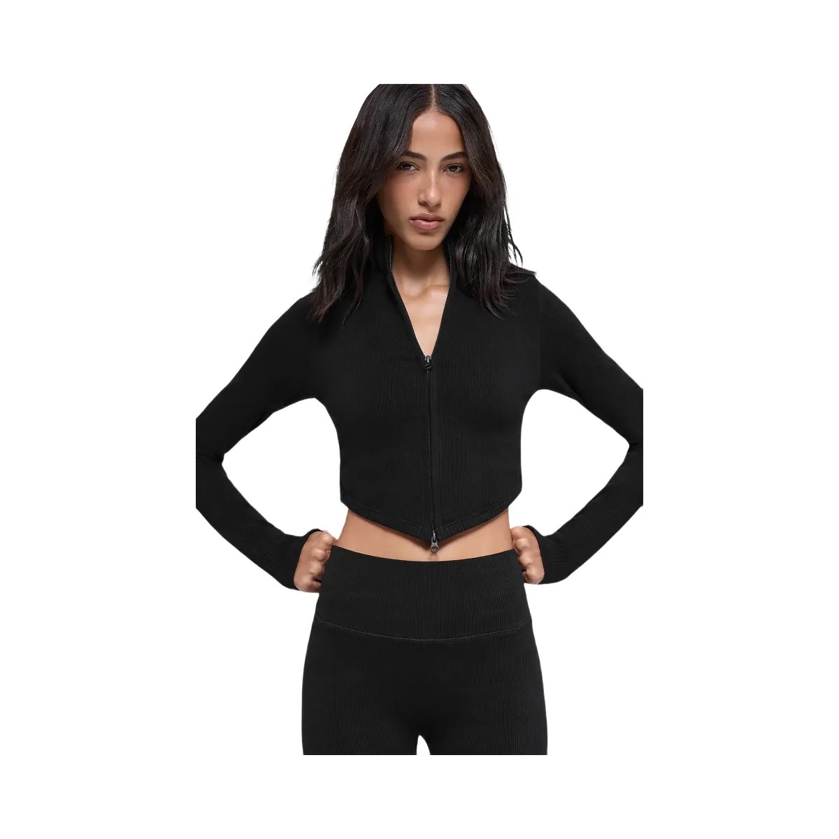 Alo Women's Seamless Two Tone Rib Jacket - Black - HypeFly India View 1