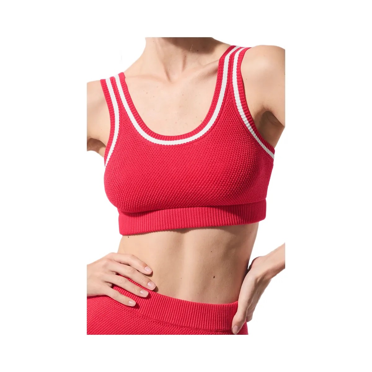 Alo Women's Tennis Club Sweater Knit Bra - Candy Red/White - HypeFly India View 1