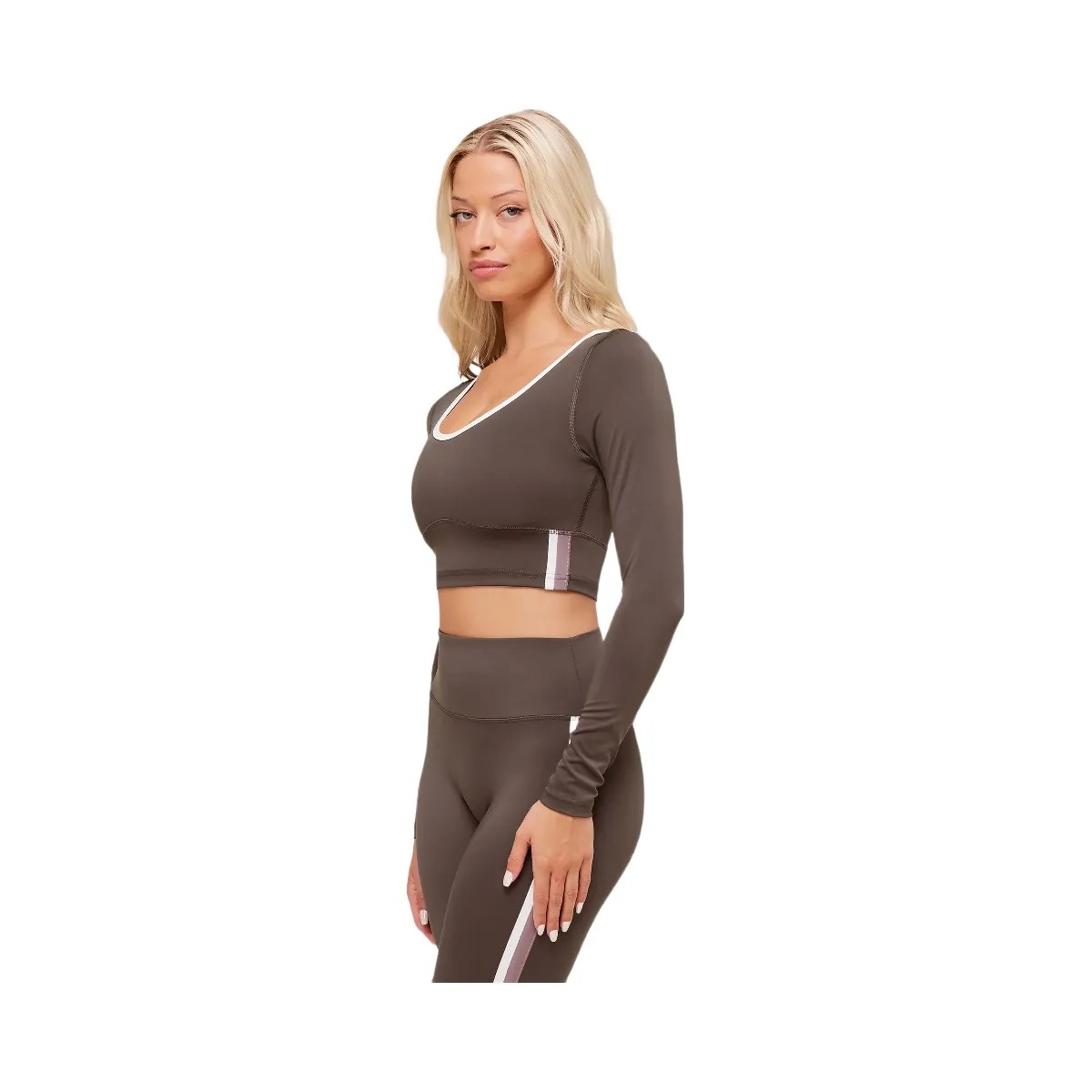 Gymshark Piping Long Sleeve Crop Top - Walnut Brown/Chestnut Pink/Soft White - HypeFly India View 3