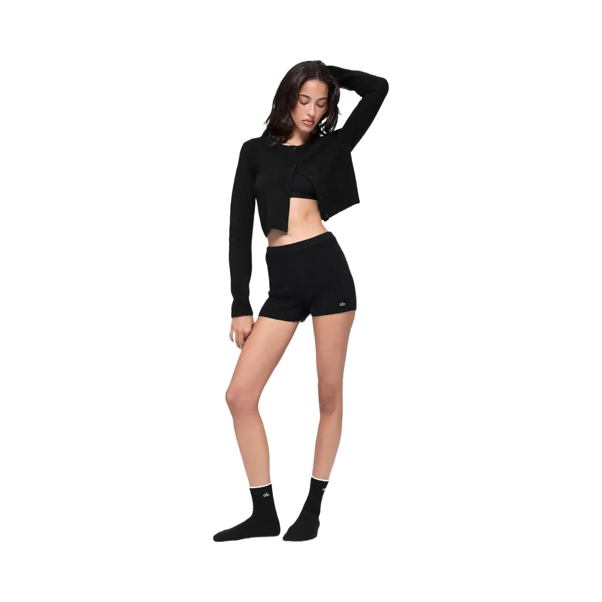 Alo Women's Wool Cashmere Ribbed Noble Short - Black - HypeFly India View 4