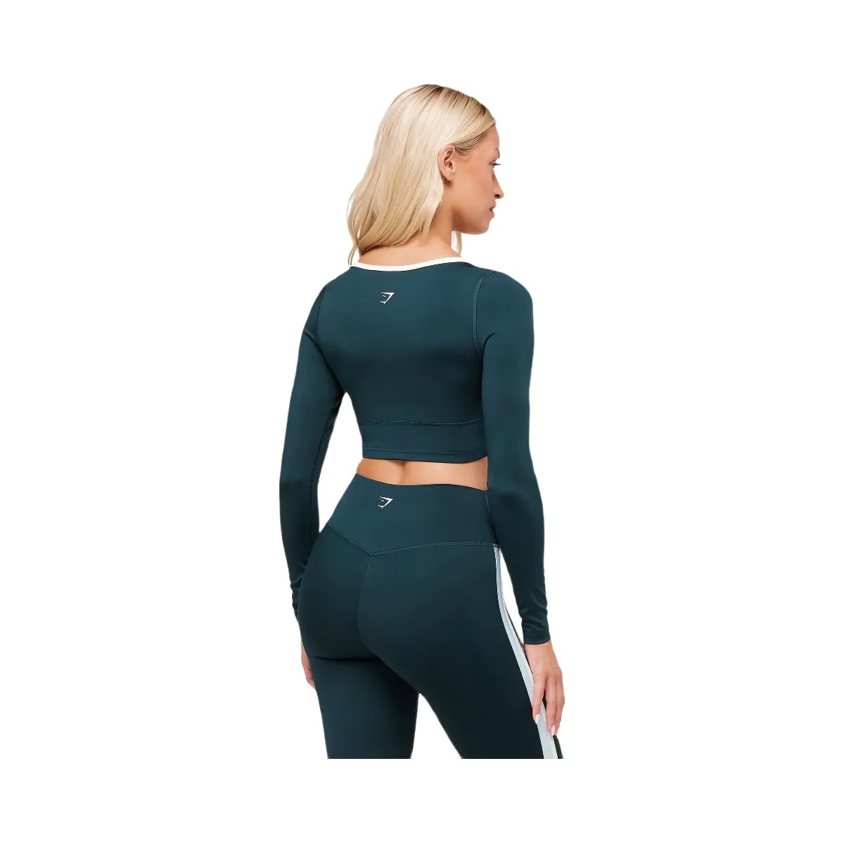 Gymshark Piping Long Sleeve Crop Top - Deep Petrol Blue/Smoke Blue/Soft White - HypeFly India View 2