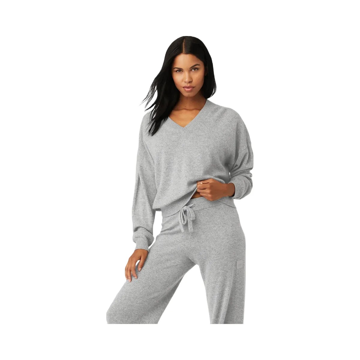 Alo Women's Cashmere Jet Set V-Neck Pullover - Dove Grey Heather - HypeFly India View 1