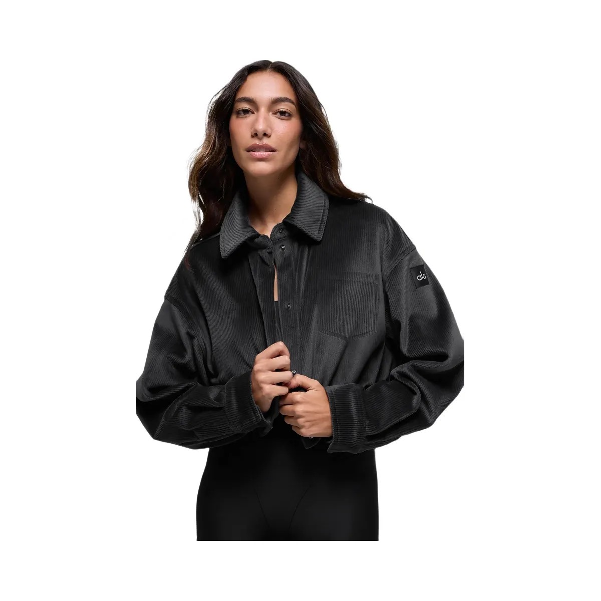 Alo Women's Ribbed Velour Cropped Mountain Side Jacket - Black - HypeFly India View 1