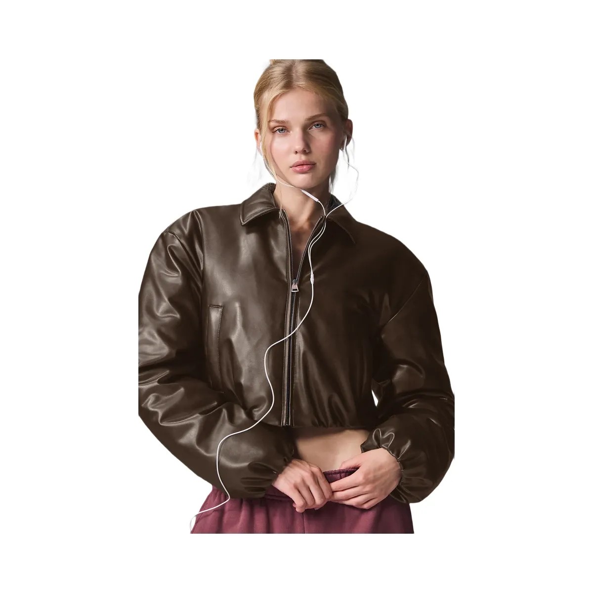 Alo Women's Faux Leather Cropped Premier Bomber - Espresso - HypeFly India View 1