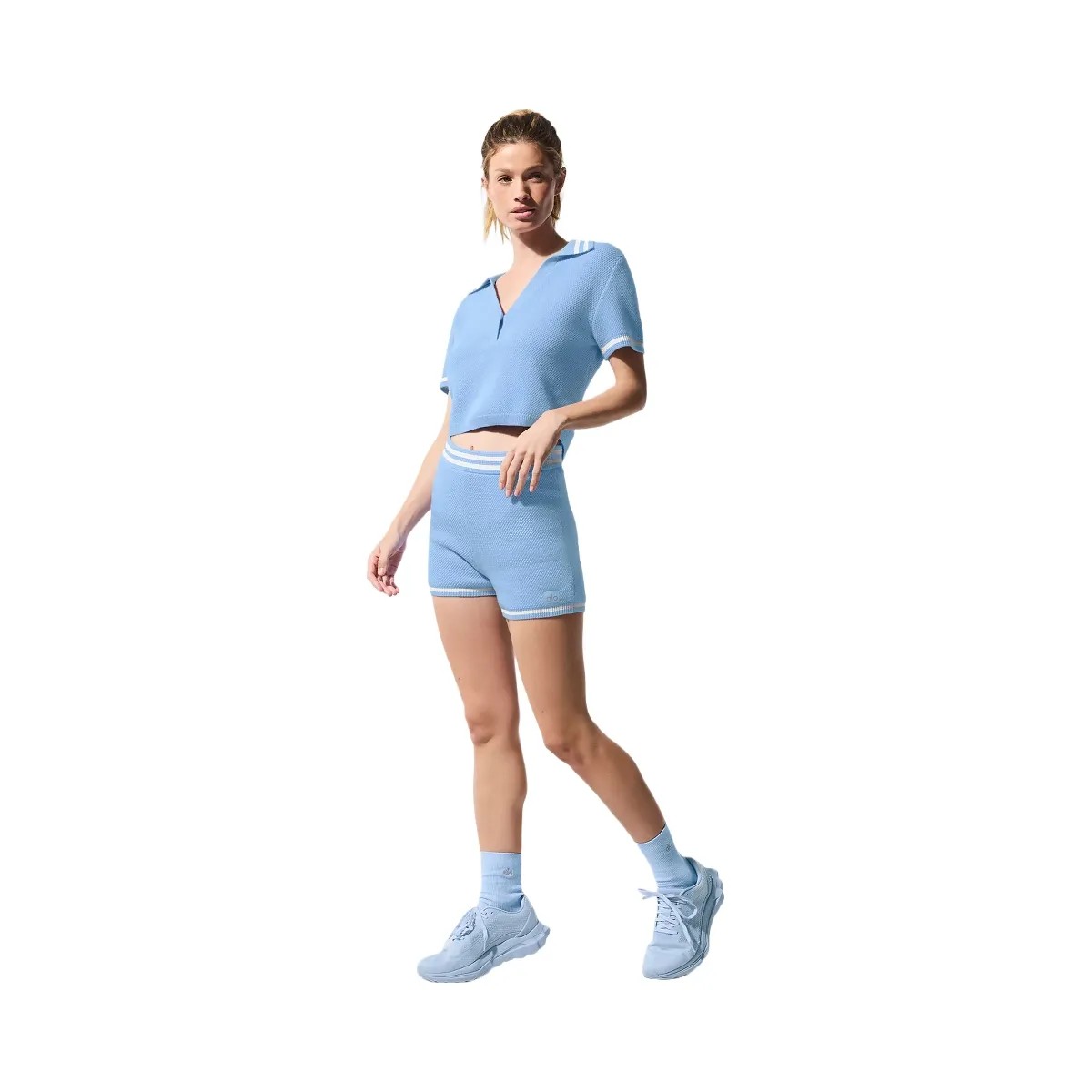 Alo Women's Tennis Club Sweater Knit Hot Short - Seashell Blue/White - HypeFly India View 2