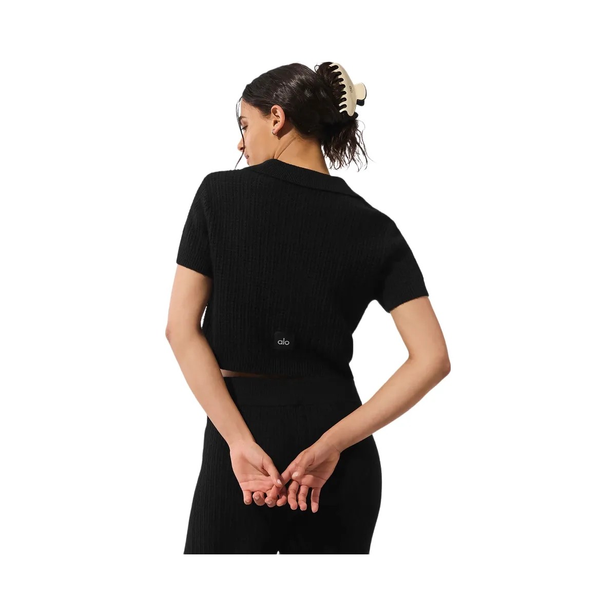 Alo Women's Cashmere Plush Waffle Polo Tee - Black - HypeFly India View 4