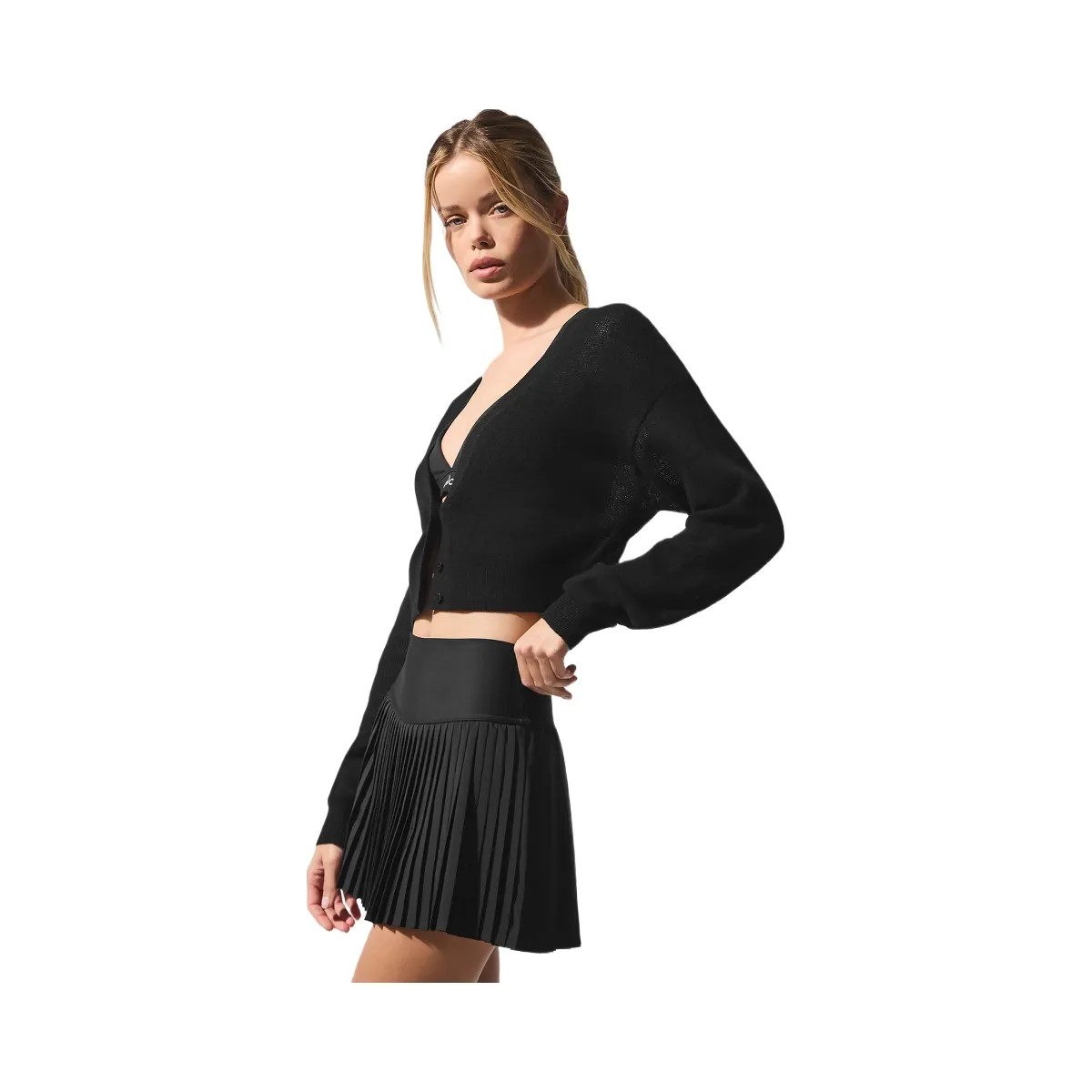 Alo Women's Sheer Cashmere Cropped Cardigan - Black - HypeFly India View 4