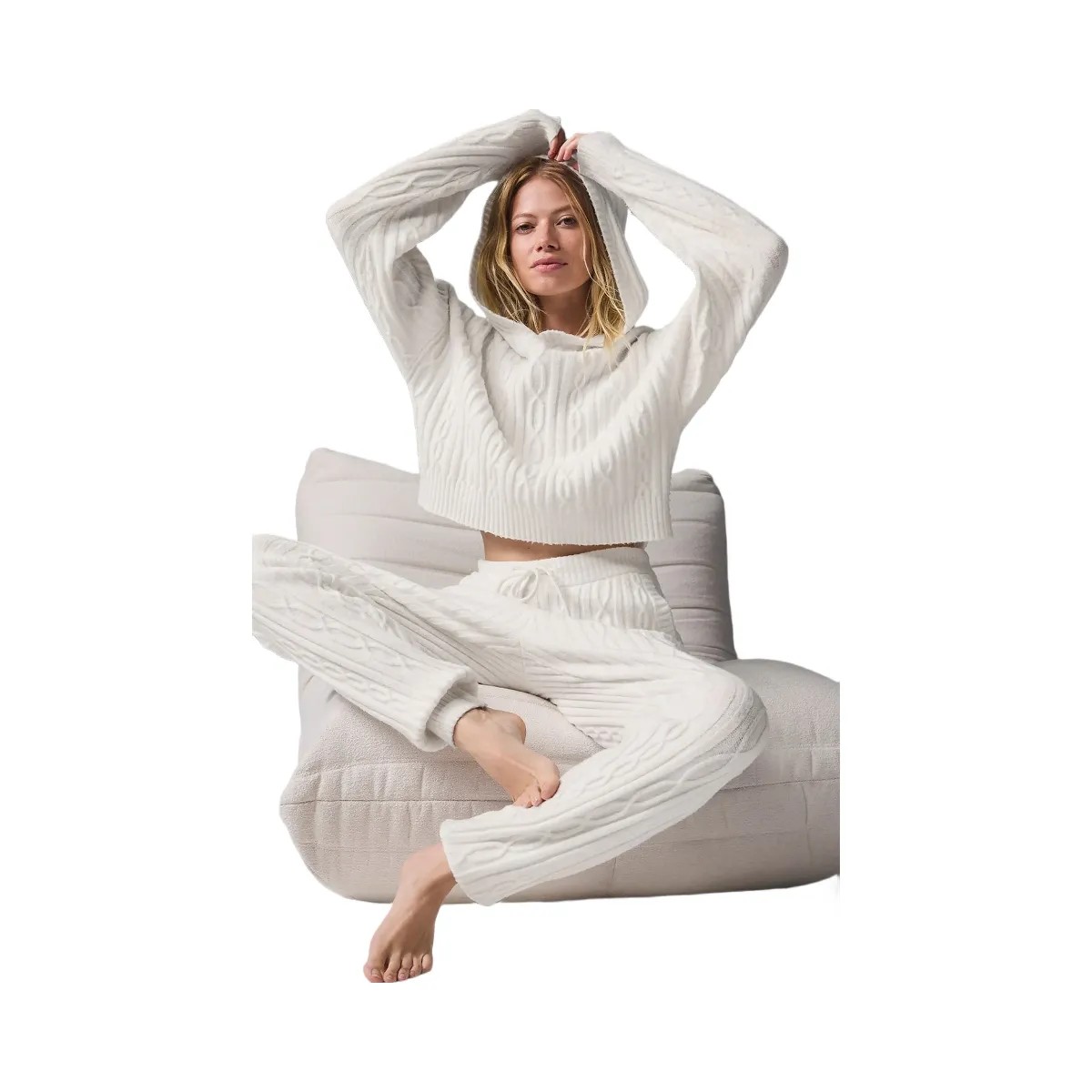 Alo Women's Cable Knit Winter Bliss Hoodie - Ivory - HypeFly India View 2