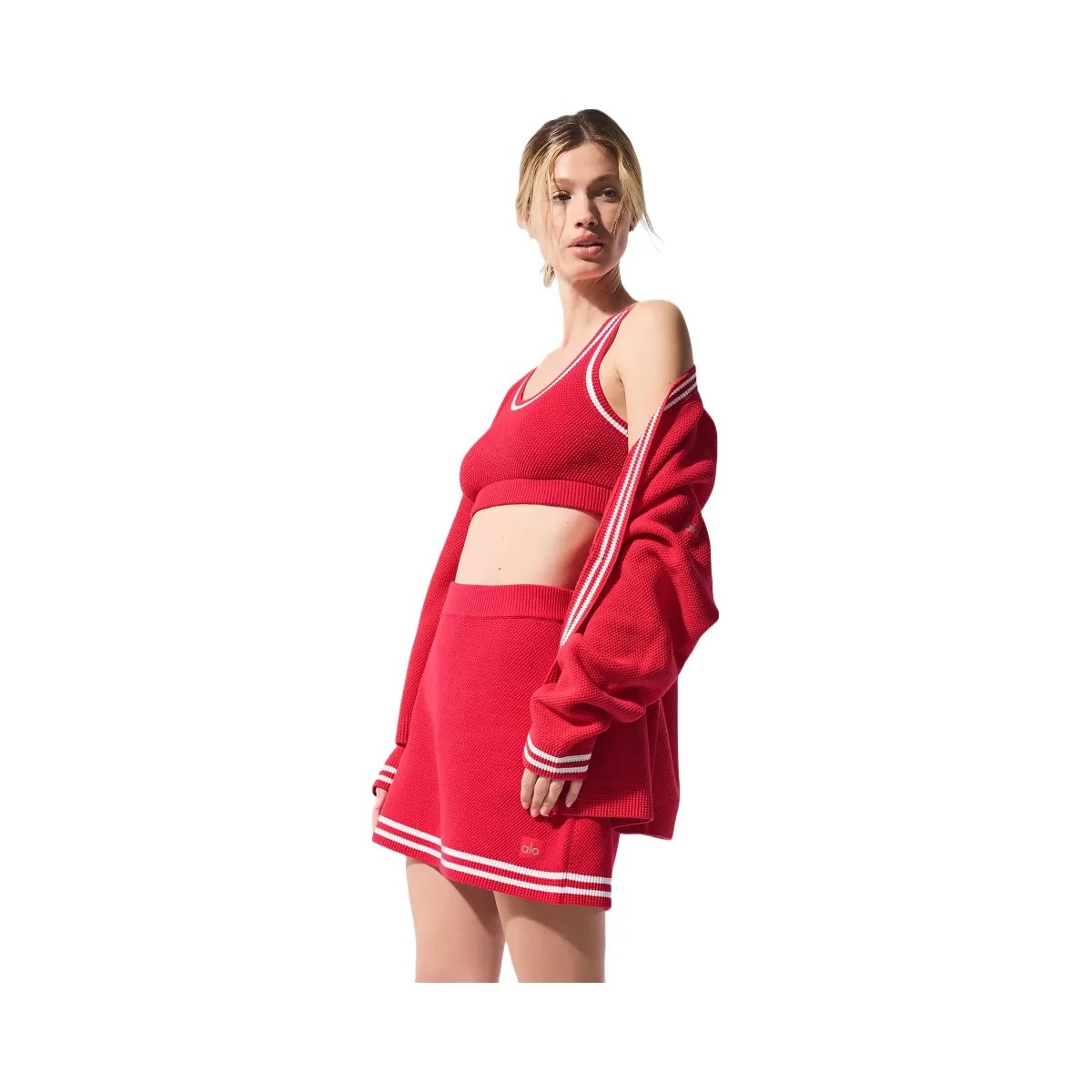 Alo Women's Tennis Club Sweater Knit Bra - Candy Red/White - HypeFly India View 4