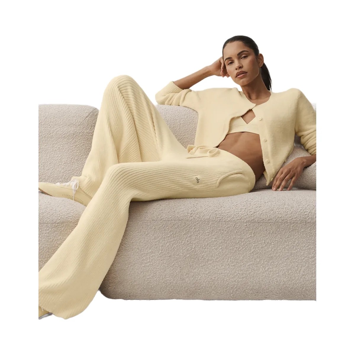 Alo Women's Snuggle Up Sweater High-Waist Wide Leg Pant - Candlelight Yellow - HypeFly India View 5