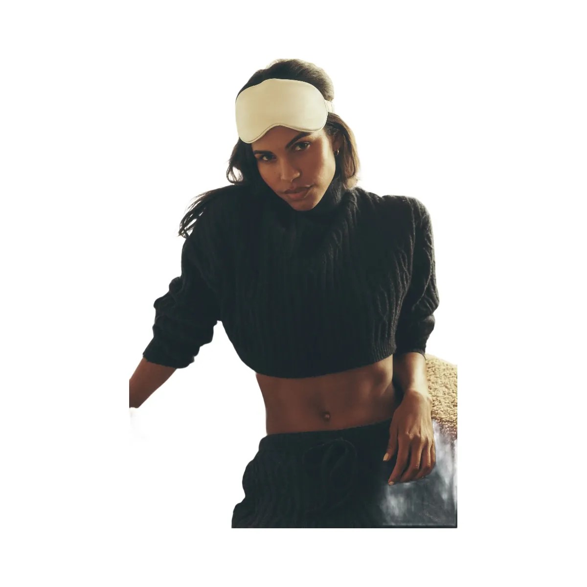 Alo Women's Cable Knit Cropped Winter Bliss Turtleneck Long Sleeve - Dark Heather Grey - HypeFly India View 6