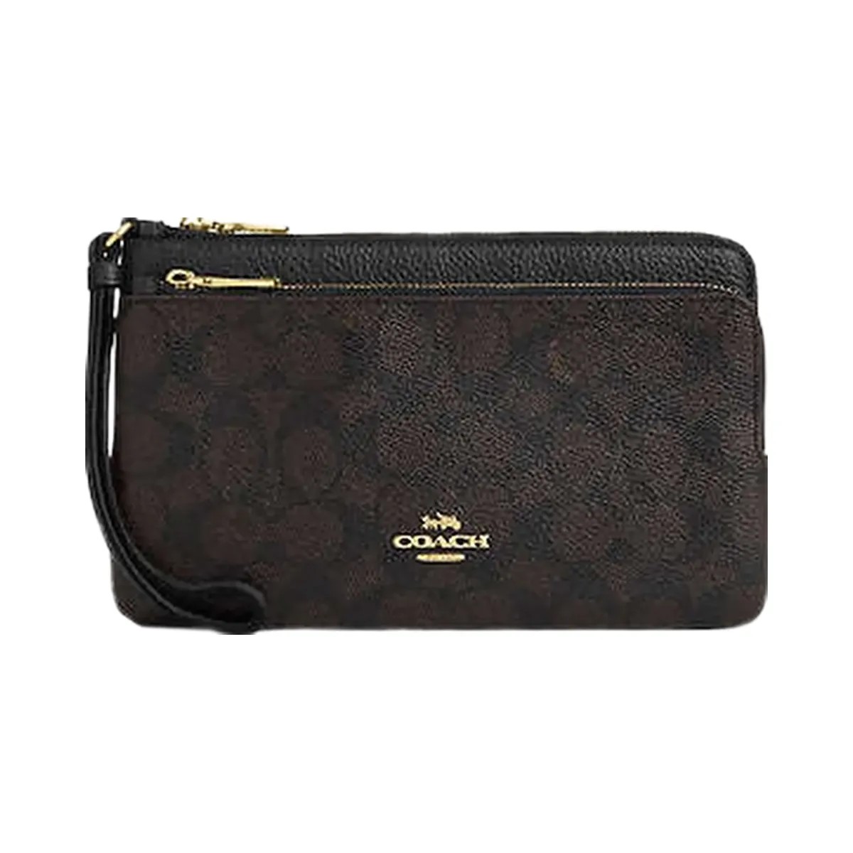 Coach Double Zip Wallet In Signature Canvas Signature Canvas-Gold-Walnut-Black - HypeFly India View 1
