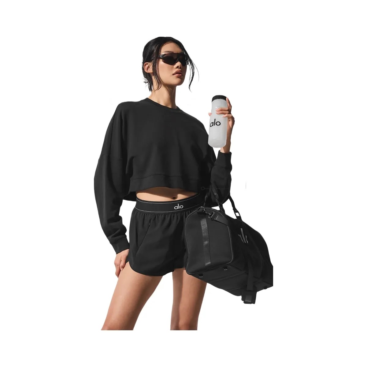 Alo Women's Cropped Sway Crew Neck Pullover - Black - HypeFly India View 2