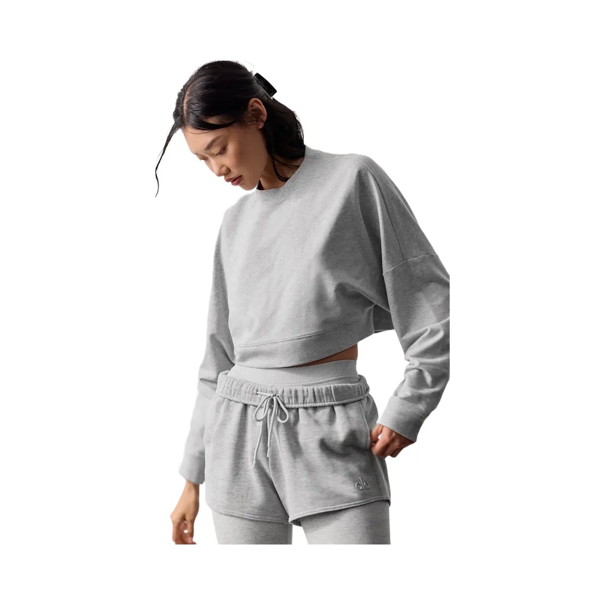 Alo Women's Cropped Sway Crew Neck Pullover - Athletic Heather Grey - HypeFly India View 1