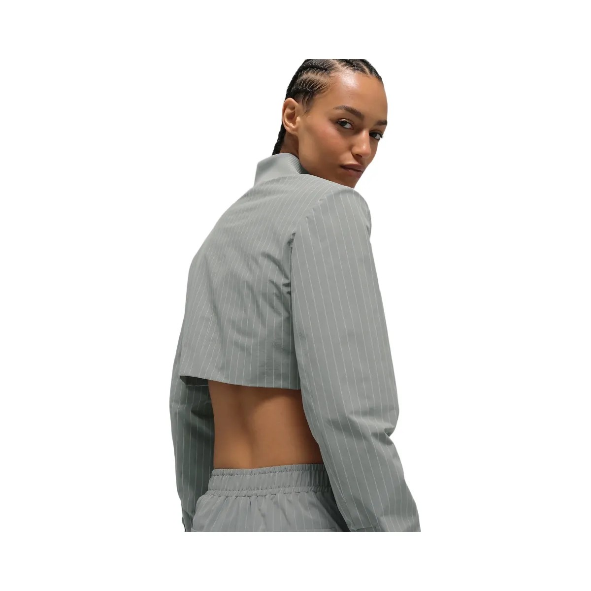 Alo Women's Cropped Pinstripe Main Character Full Zip Jacket - Lunar Grey/White - HypeFly India View 2