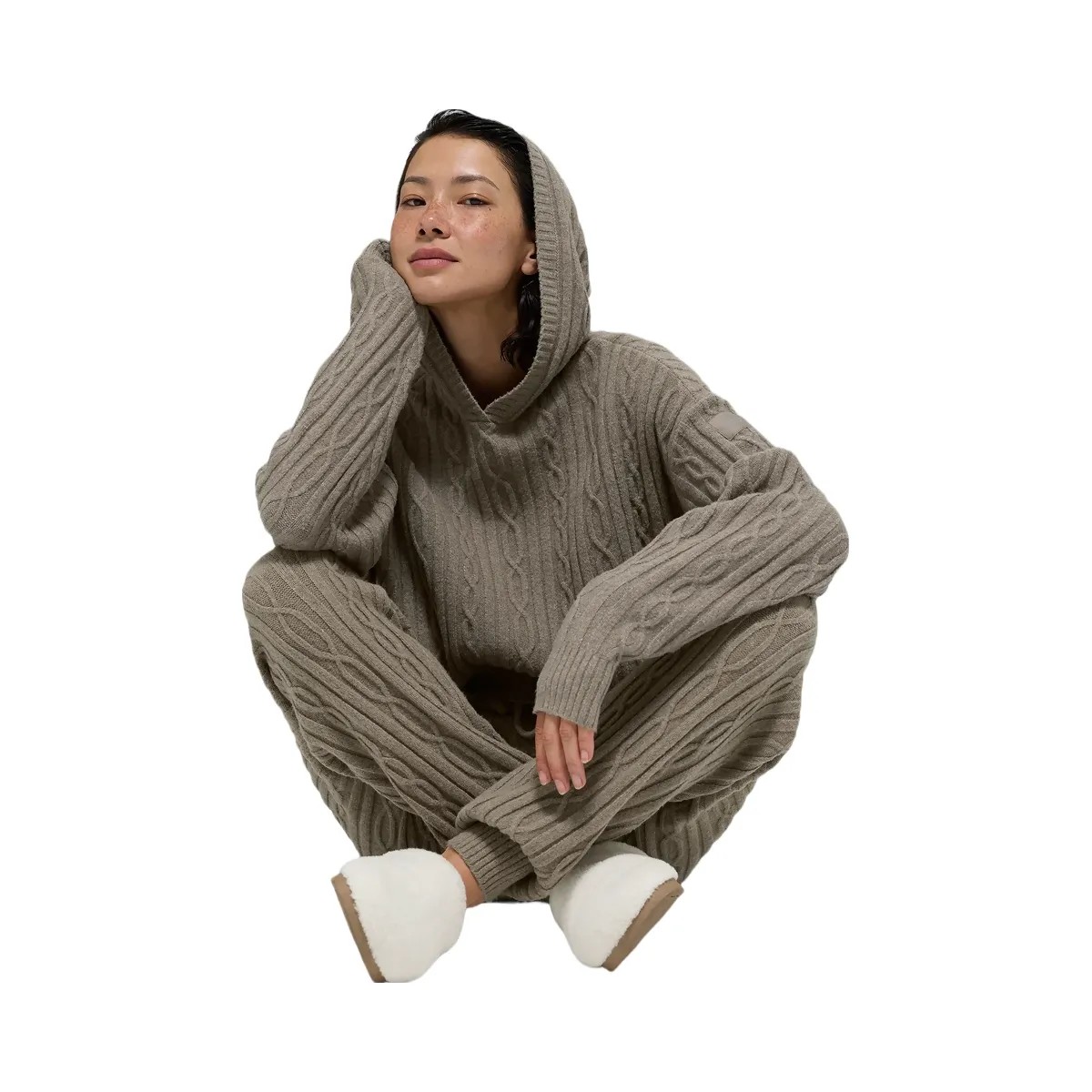 Alo Women's Cable Knit Winter Bliss Hoodie - Light Cocoa - HypeFly India View 4