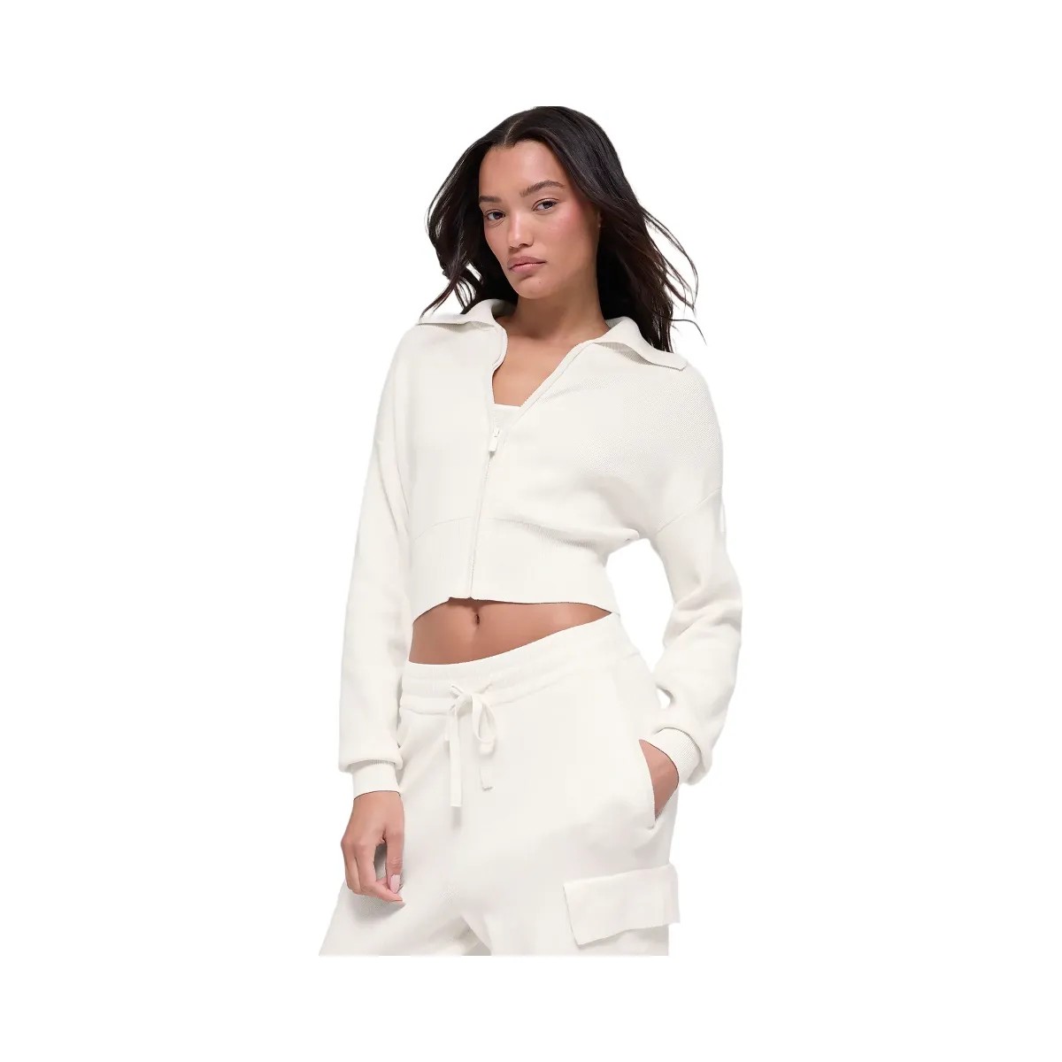 Alo Women's Scholar Knit Cropped Full Zip Jacket - Ivory - HypeFly India View 1