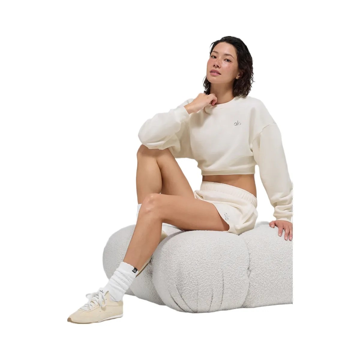 Alo Women's Cropped Accolade Crewneck - Ivory - HypeFly India View 3