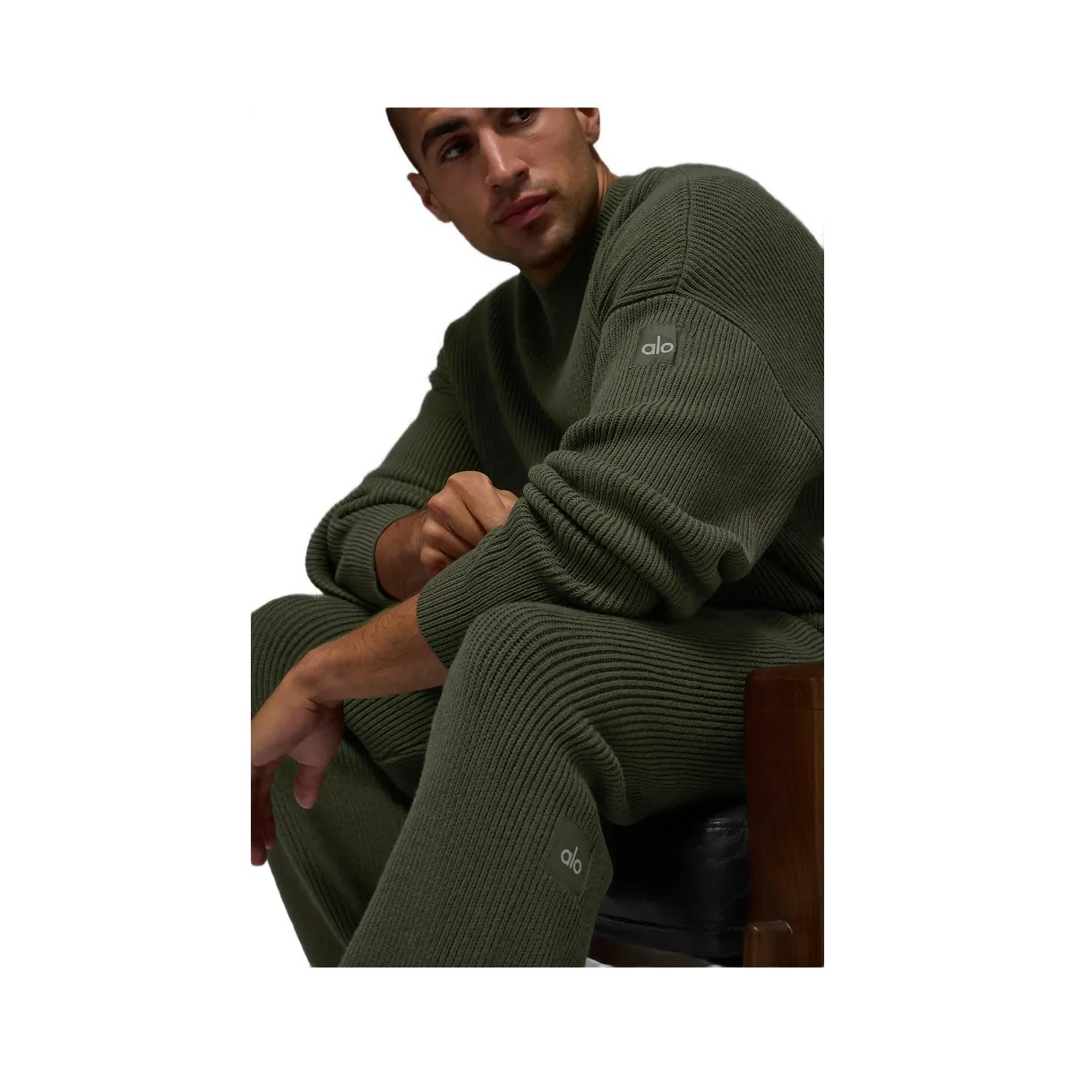Alo Men's Domain Rib Knit Crew Sweater - Green Olive - HypeFly India View 2