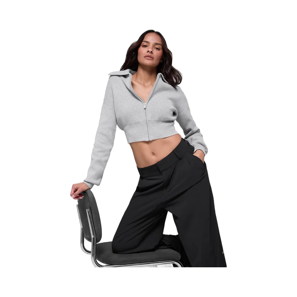 Alo Women's Scholar Knit Cropped Full Zip Jacket - Athletic Heather Grey - HypeFly India View 3