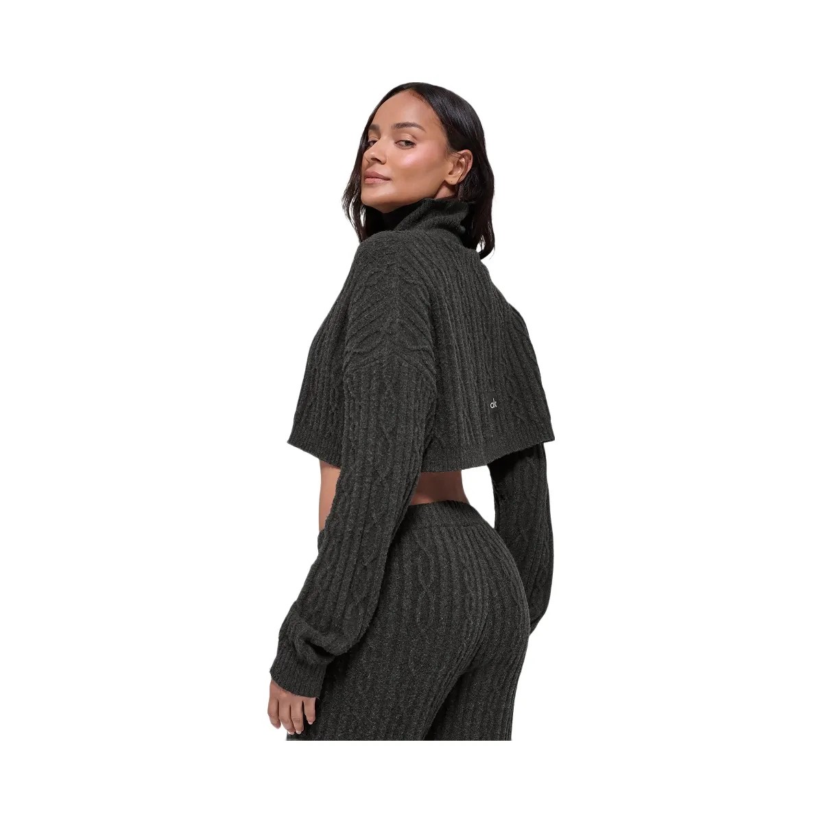 Alo Women's Cable Knit Cropped Winter Bliss Turtleneck Long Sleeve - Dark Heather Grey - HypeFly India View 2