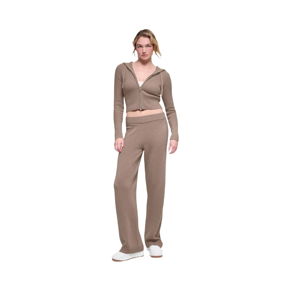 Alo Women's Wool Cashmere Ribbed Noble Full Zip Hoodie - Chai Latte - HypeFly India View 1