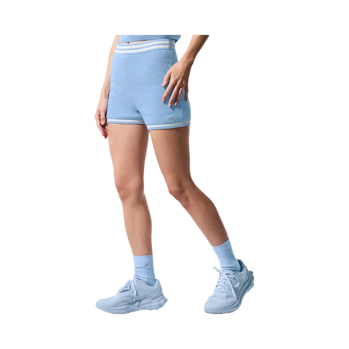 Alo Women's Tennis Club Sweater Knit Hot Short - Seashell Blue/White - HypeFly India View 3