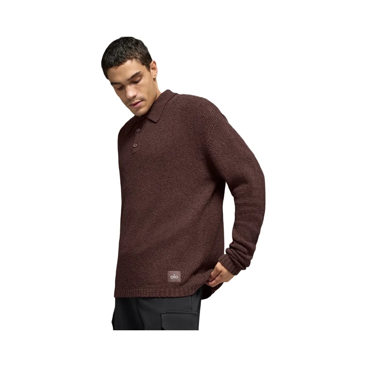 Alo Men's Textured Knit Long Sleeve Polo - Brownstone - HypeFly India View 2