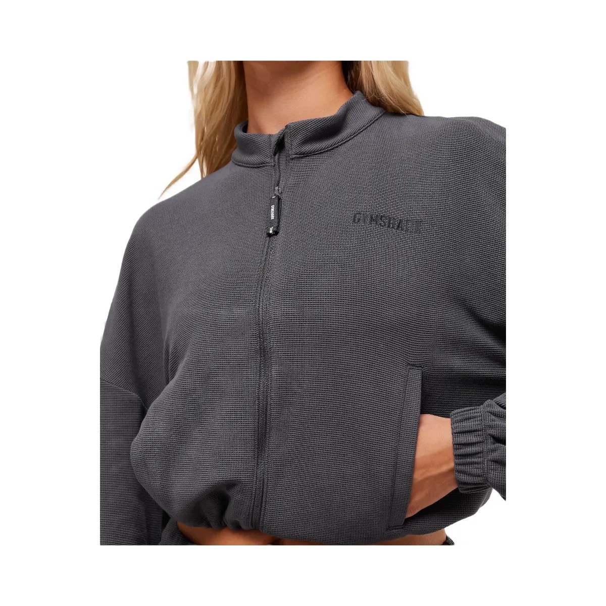 Gymshark Waffle Midi Zip Up Jacket - Onyx Grey - HypeFly India View 4