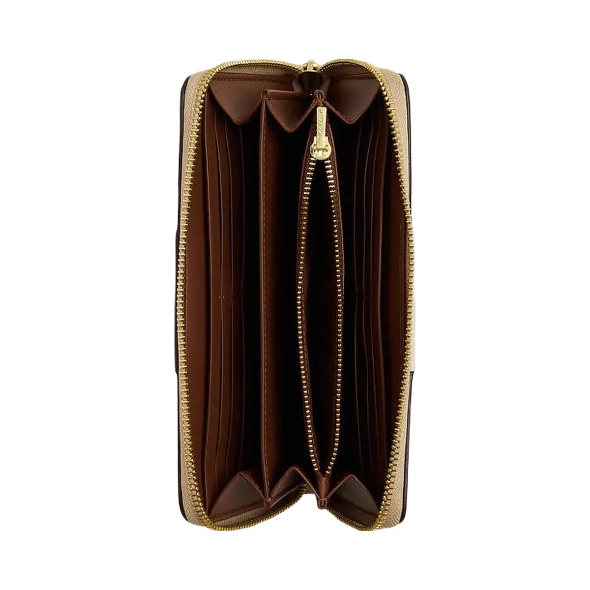 Coach Long Zip Around Wallet In Signature Canvas With Stripe Signature Canvas-Gold-Light Khaki-Chalk Lt Saddle - HypeFly India View 1