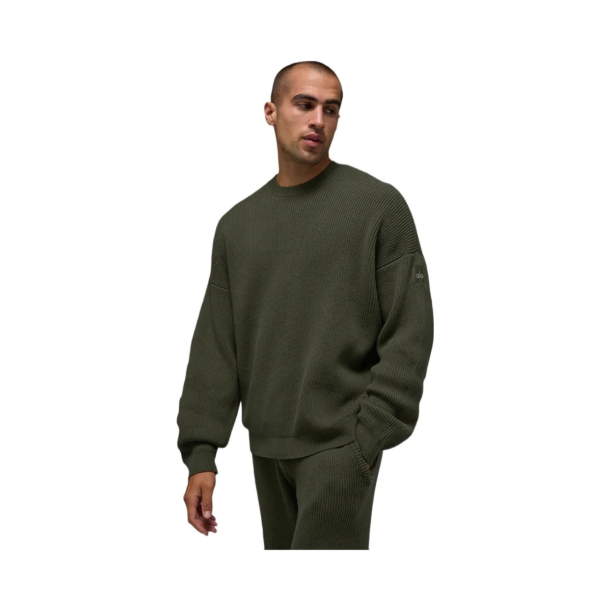Alo Men's Domain Rib Knit Crew Sweater - Green Olive - HypeFly India View 1
