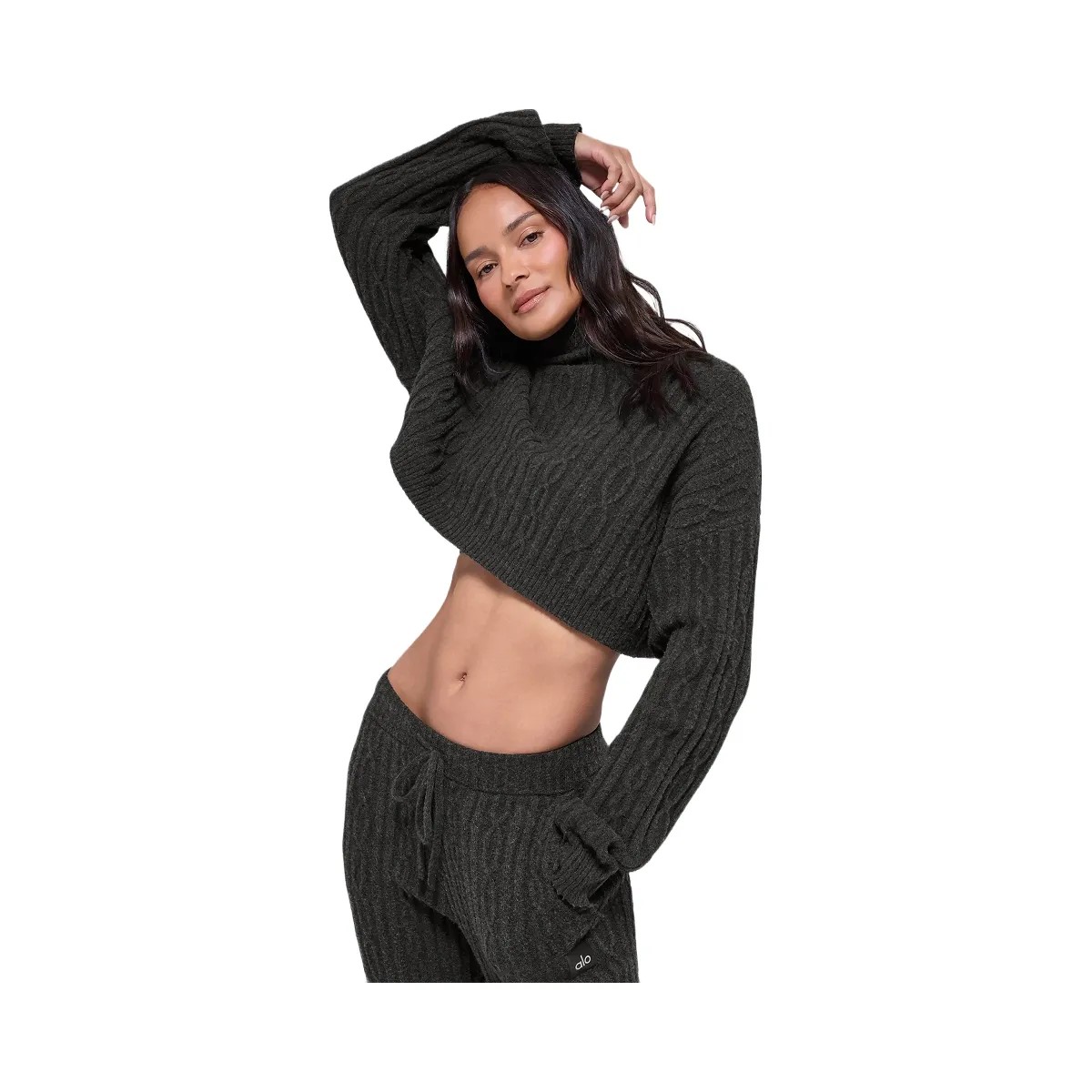 Alo Women's Cable Knit Cropped Winter Bliss Turtleneck Long Sleeve - Dark Heather Grey - HypeFly India View 1