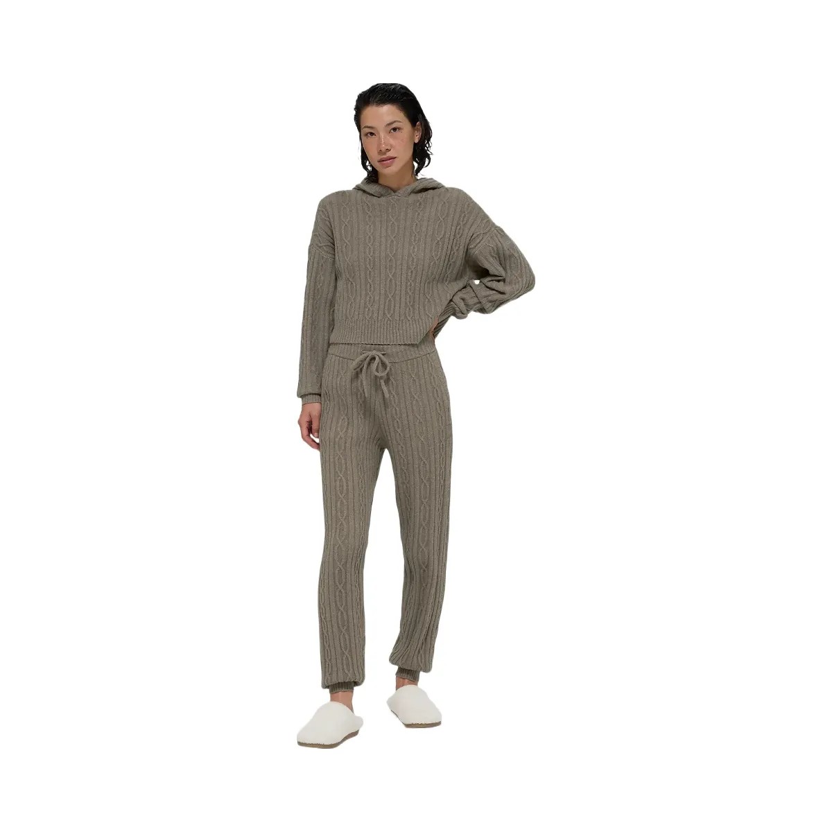 Alo Women's Cable Knit Winter Bliss Hoodie - Light Cocoa - HypeFly India View 5