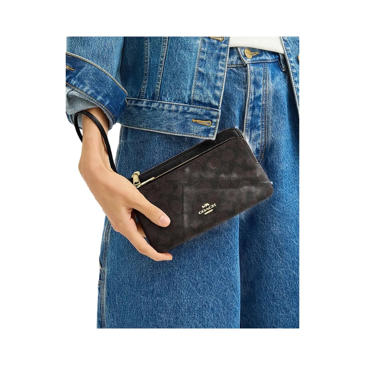 Coach Double Zip Wallet In Signature Canvas Signature Canvas-Gold-Walnut-Black - HypeFly India View 3