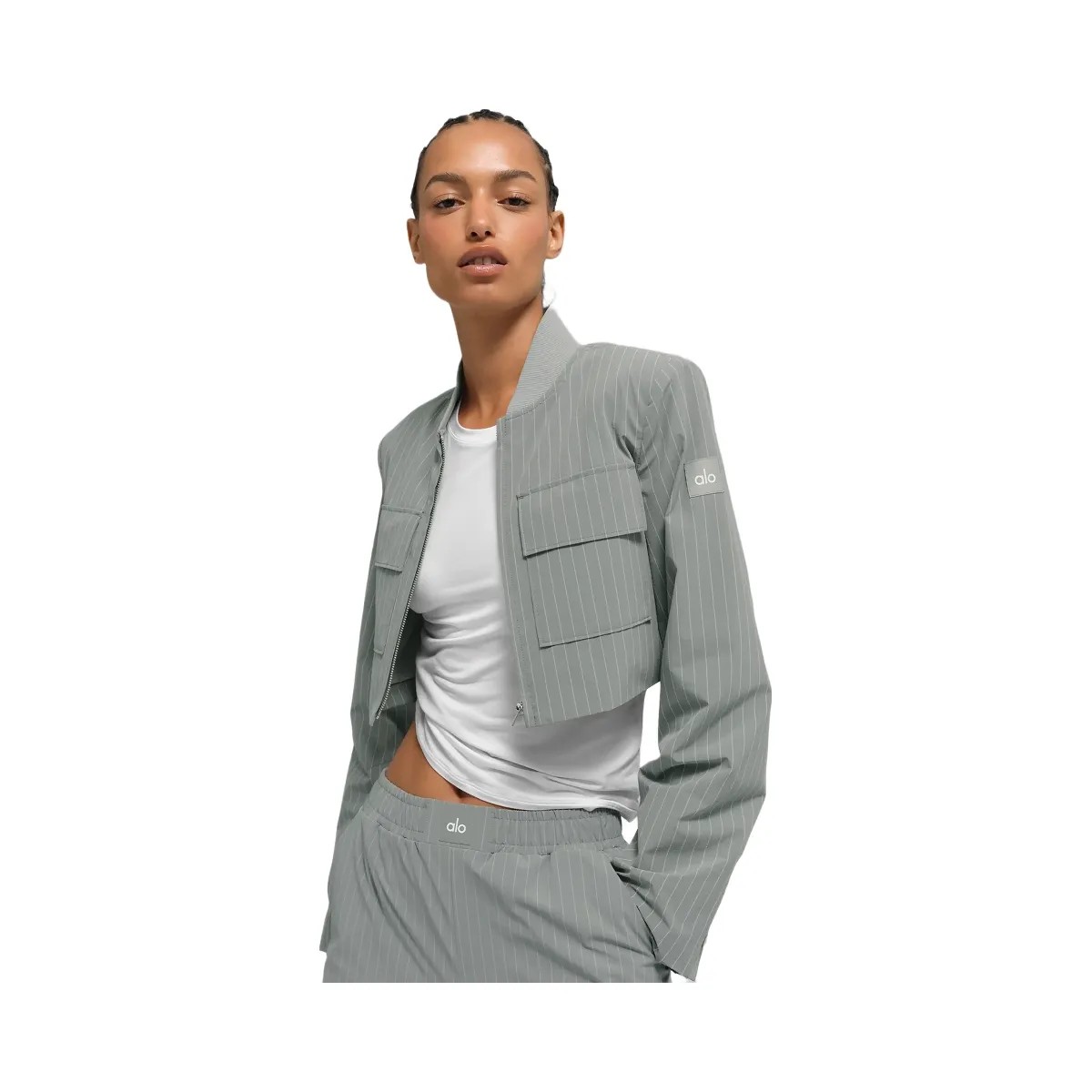 Alo Women's Cropped Pinstripe Main Character Full Zip Jacket - Lunar Grey/White - HypeFly India View 1