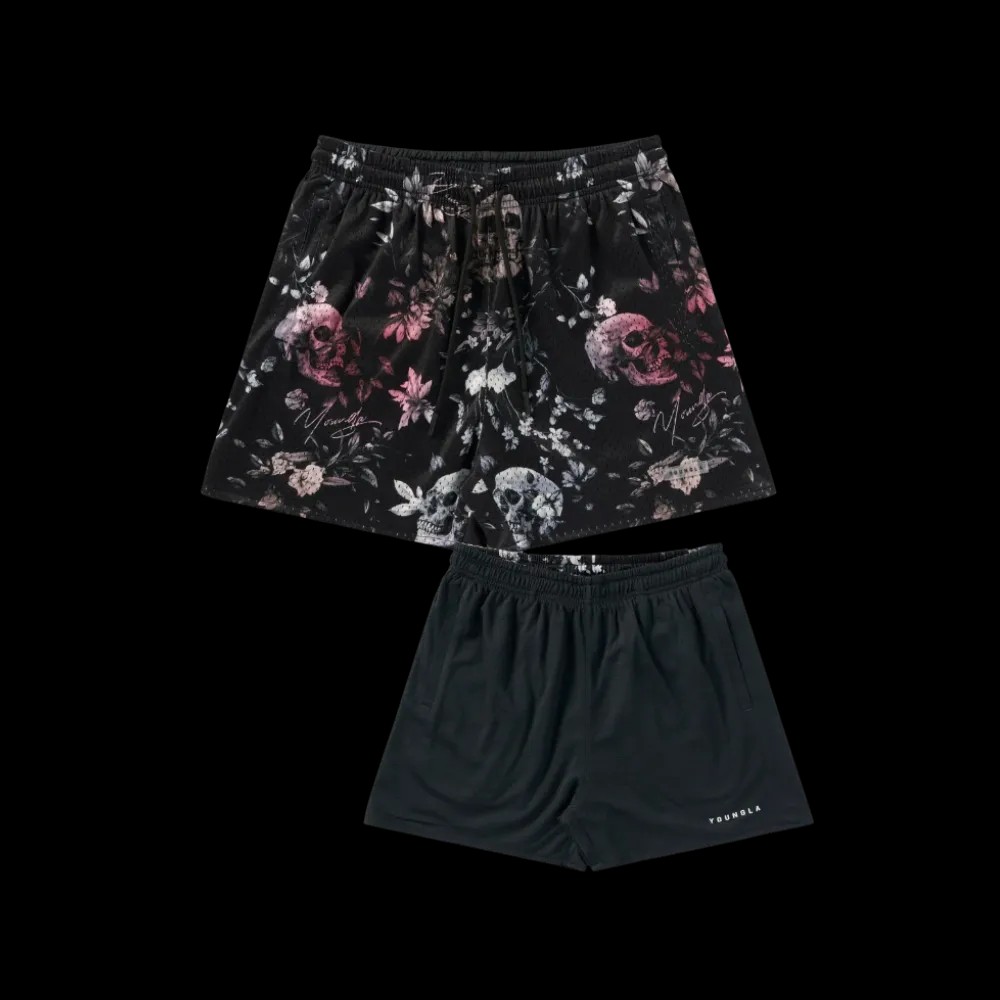 YoungLA Skulls & Roses Reversible Shorts Black Flower Skull - HypeFly India View 1