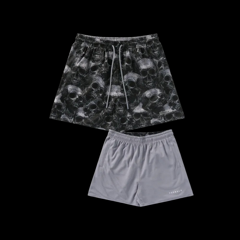 YoungLA Skulls & Roses Reversible Shorts Black Skull - HypeFly India View 1