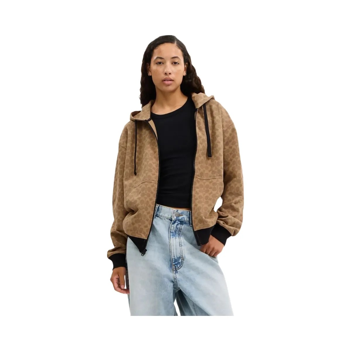 Coach All Over Signature Zip Hoodie In Organic Cotton Tan Signature - HypeFly India View 2