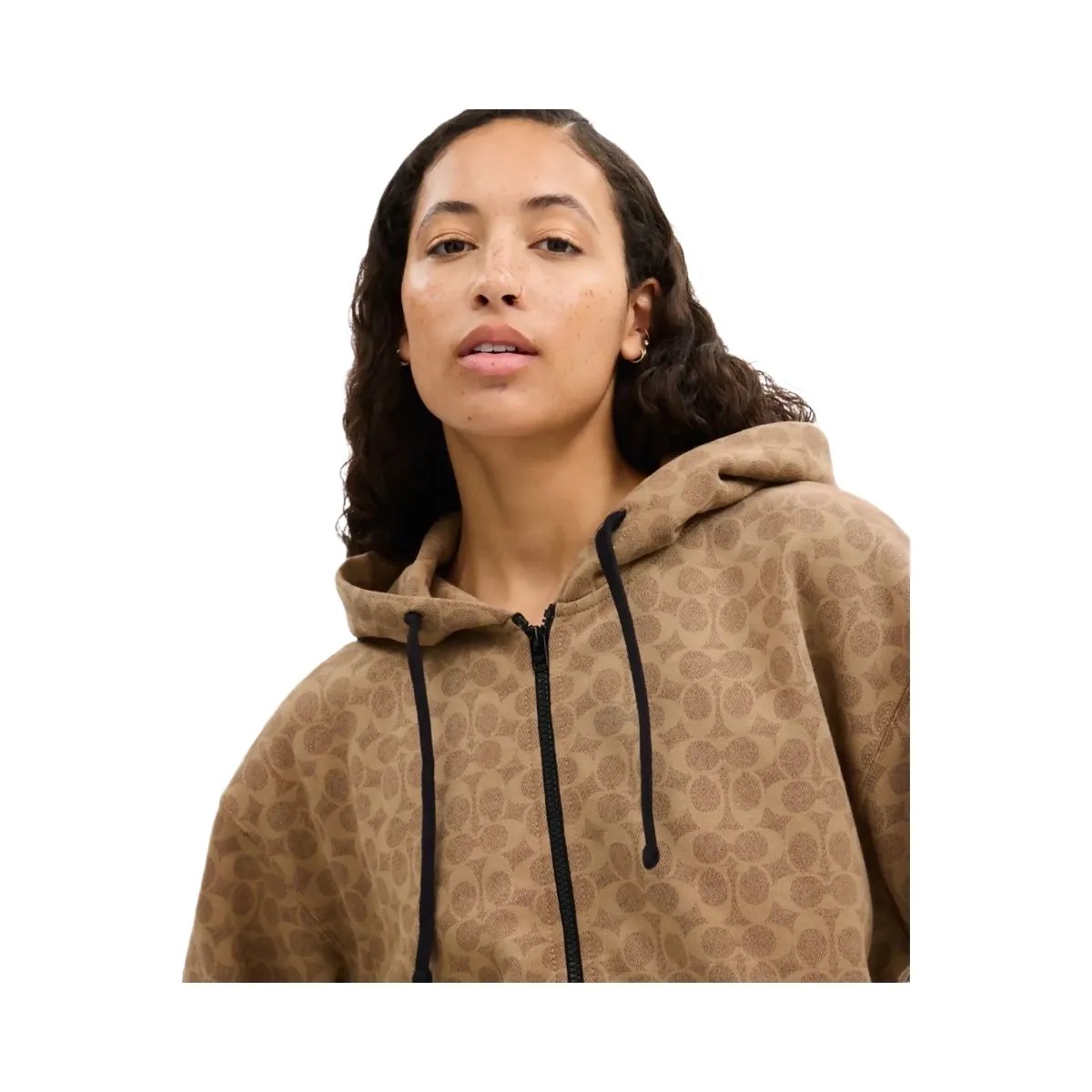 Coach All Over Signature Zip Hoodie In Organic Cotton Tan Signature - HypeFly India View 4